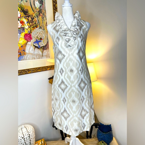 Gretchen Scott Designs Dresses & Skirts - Gretchen Scott Khaki Jornki Kitt Ikat Sleeveless Ruff Neck Dress Medium